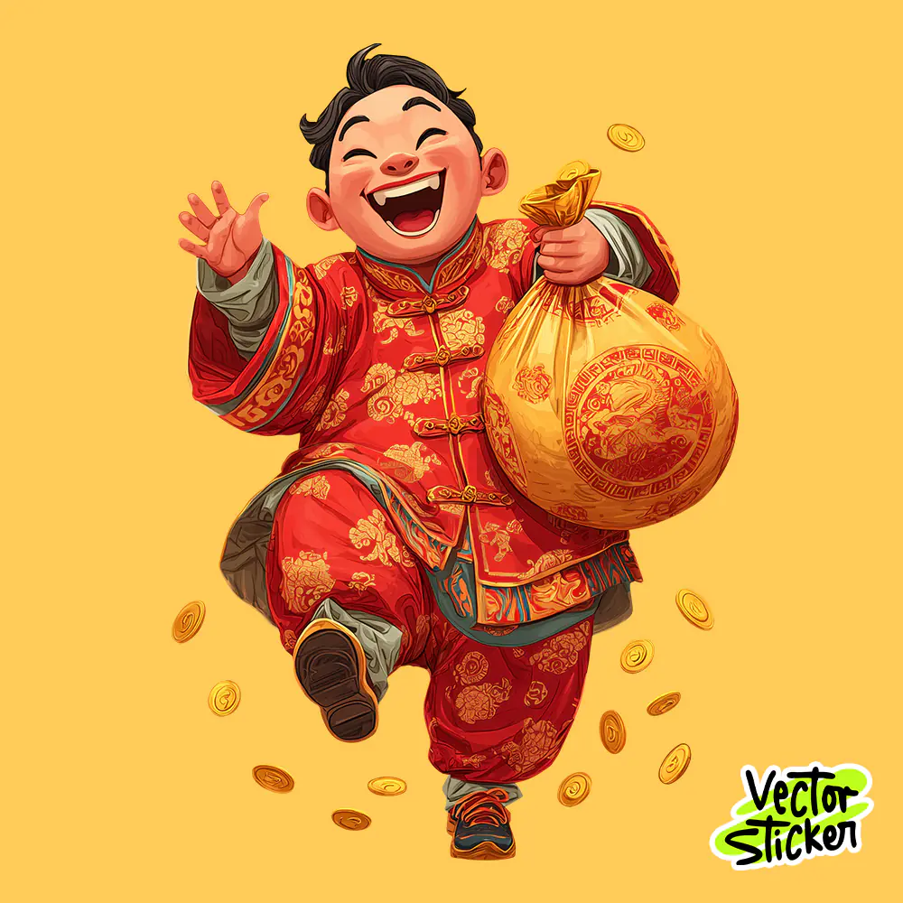 Cute Chinese Kid of Wealth Cartoon Illustration in Red and Gold
