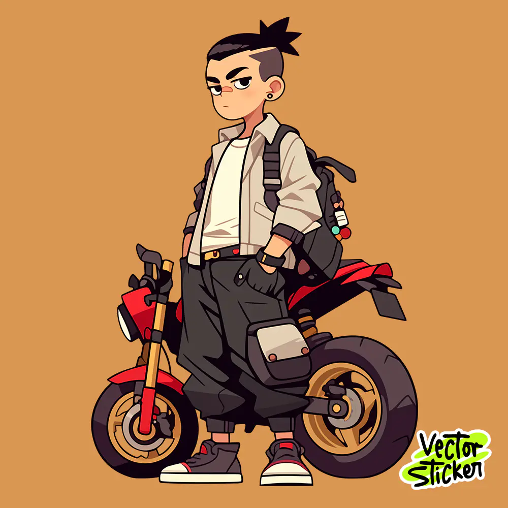Cartoon Biker Character With Motorcycle Illustration Sticker PNG