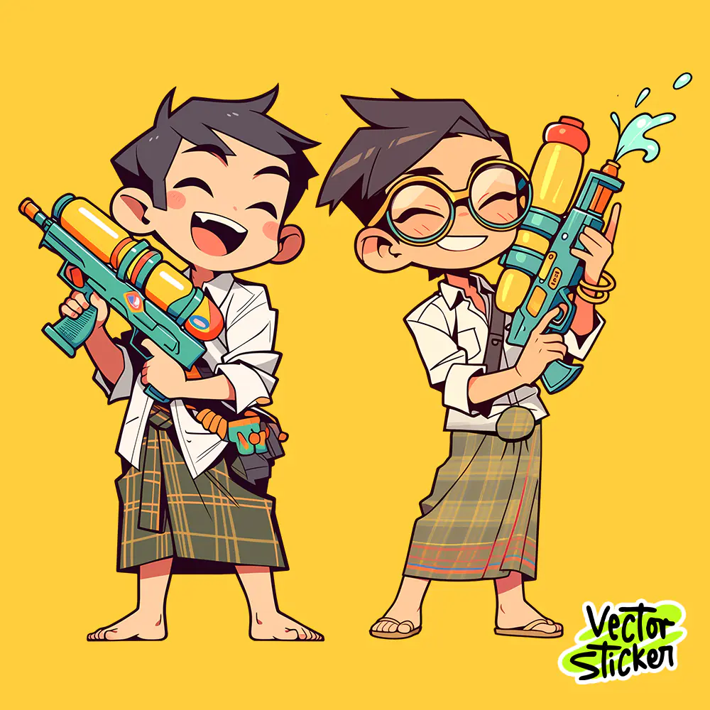 Myanmar Thingyan Water Festival Burmese Boys Longyi Water Gun PNG