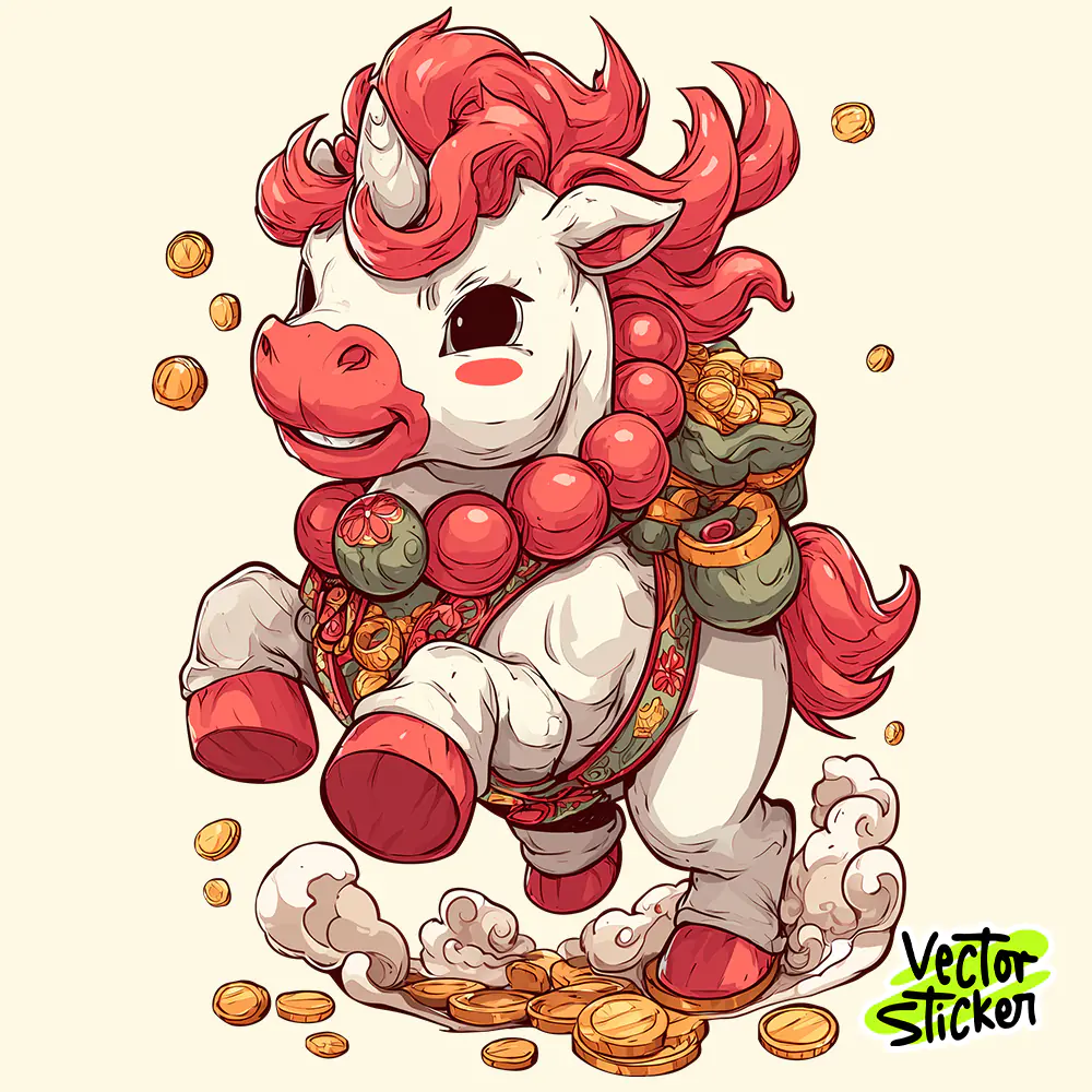 Lucky Character Mascot Chinese New Year White Horse Carrying Gold Bag Cartoon Illustration