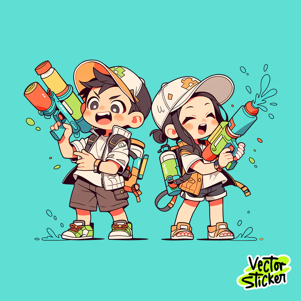 Cute Chibi Songkran Water Gun Kids PNG Thailand Water Festival Sticker Design