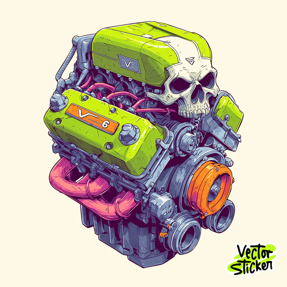 V6 Skull Engine Illustration – Hardcore Mechanical Motor Sticker