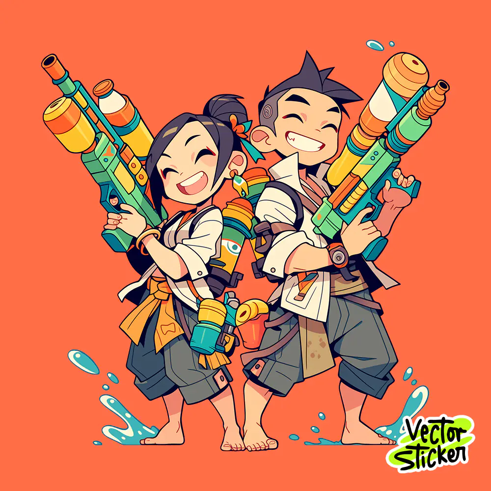 Playful Songkran Water Festival Couple Kids Water Gun Cartoon PNG