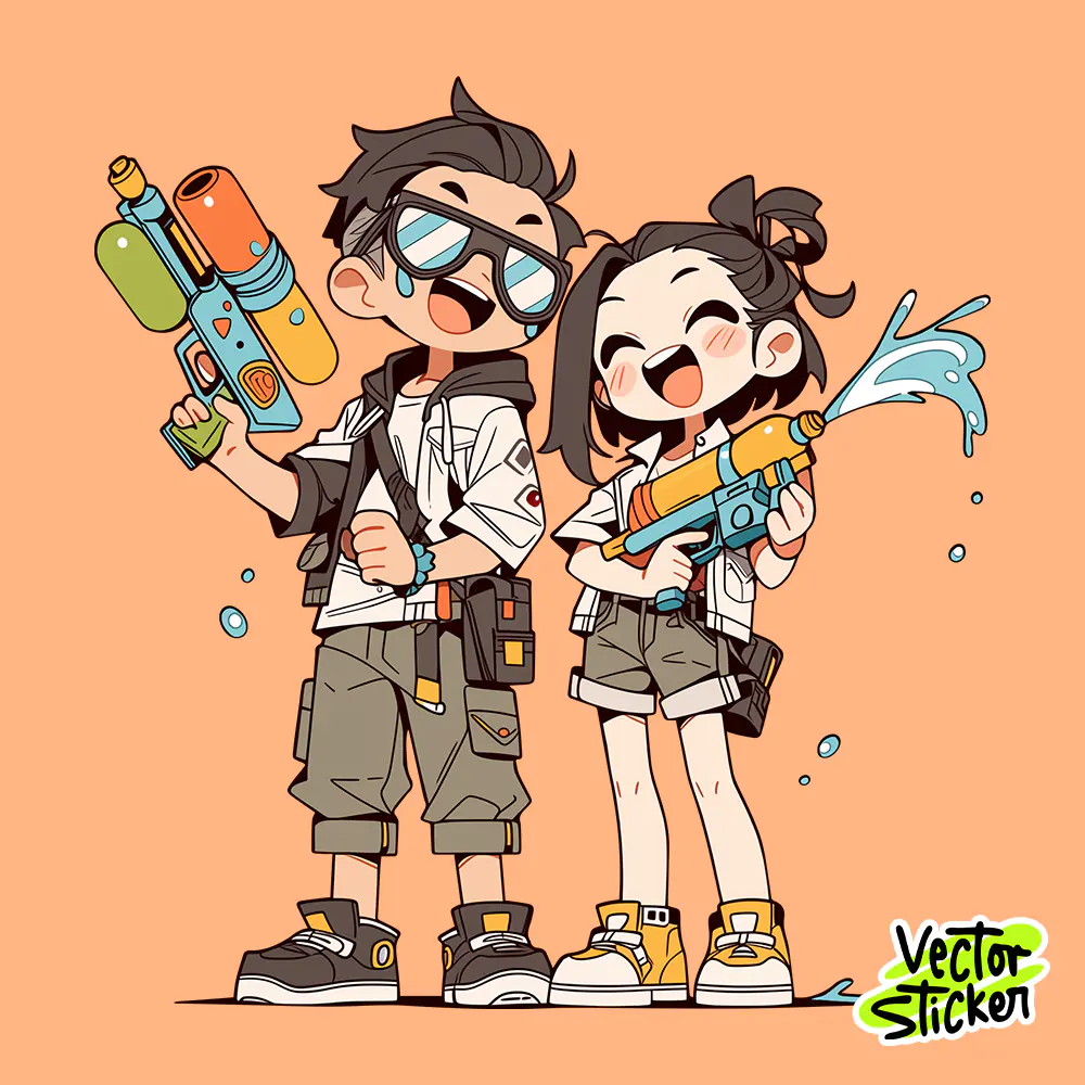 Thingyan Water Festival Stylish Couple Water Gun Cartoon Illustration PNG