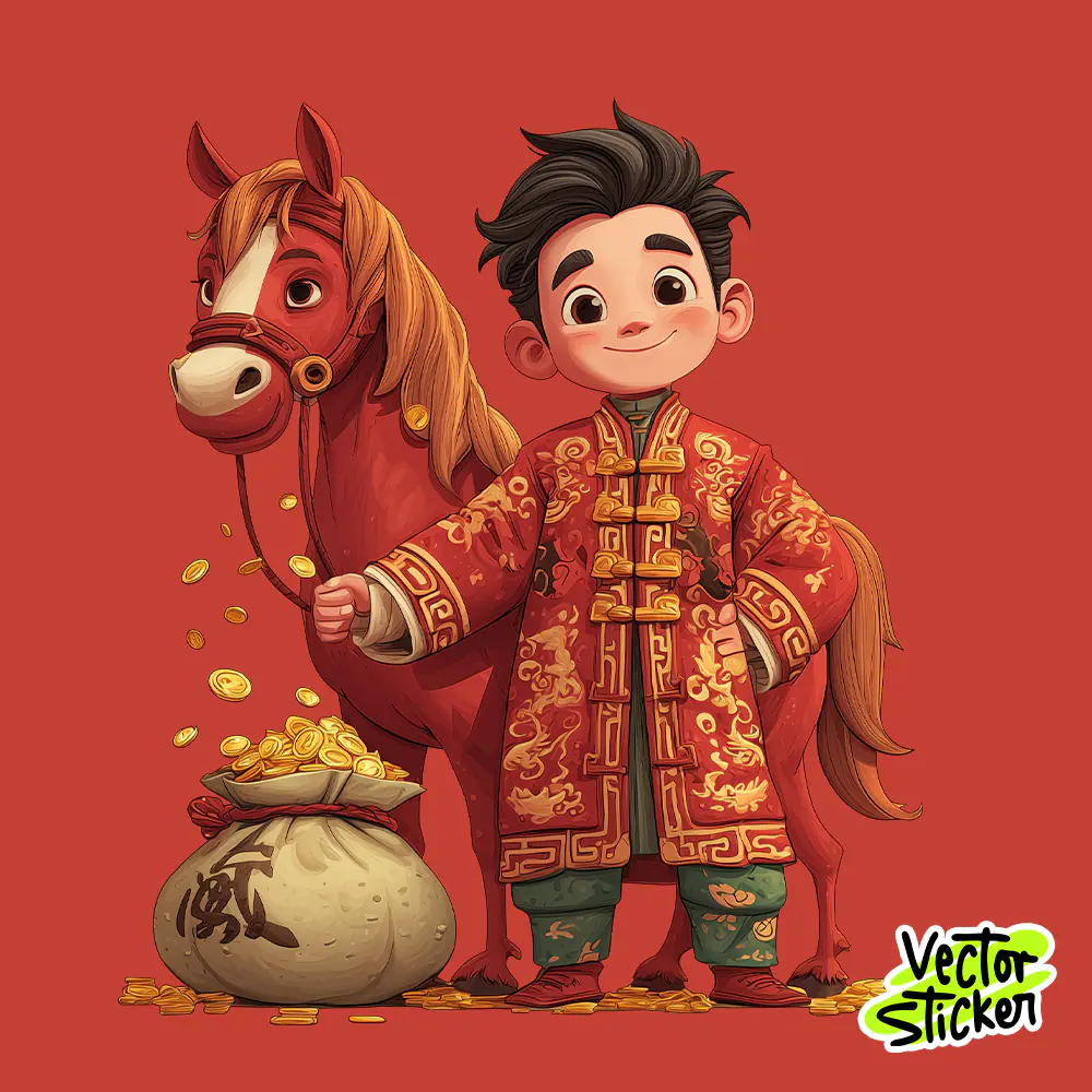 Festive Chinese Boy and Horse Wealth Illustration PNG, Chinese New Year