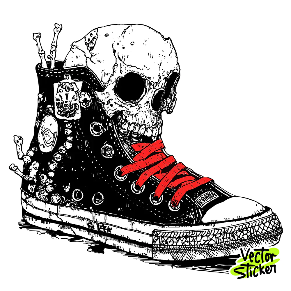 Skull Converse Shoe Illustration Design– Grunge Punk Rock T-Shirt Design