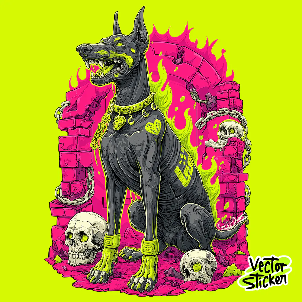 Neon Doberman Skeleton Guard T-Shirt Design Free PNG | VectorSticker