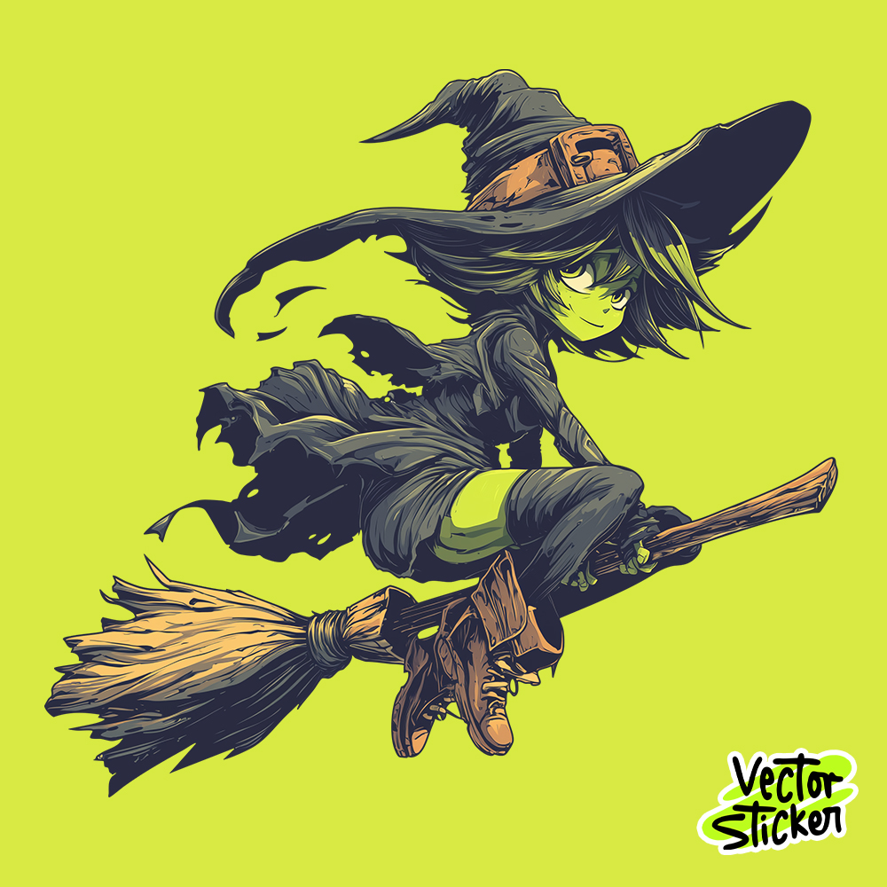 Halloween Flying Witch Vector Sticker Design