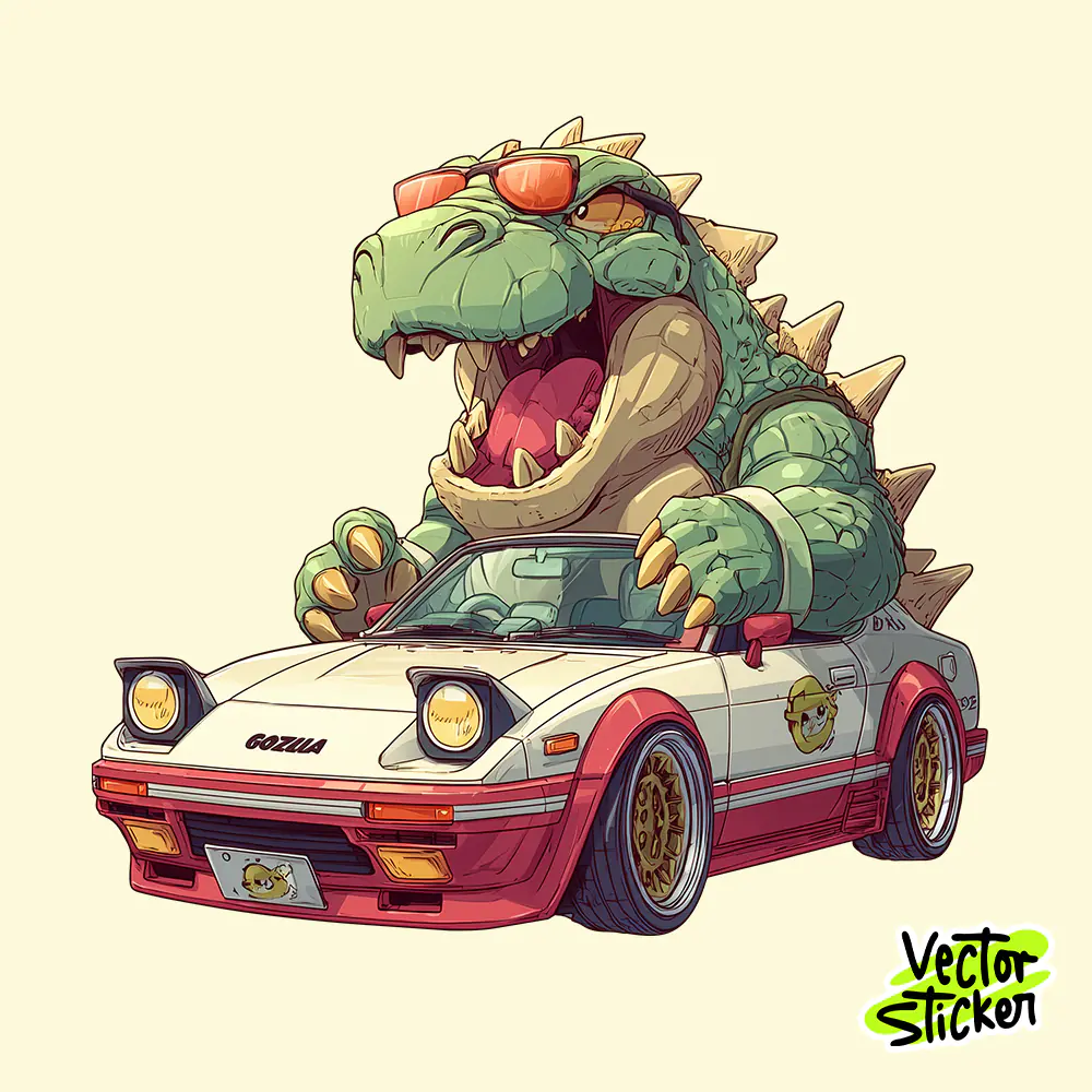 Cartoon Monster Driving Retro Car Sticker Illustration