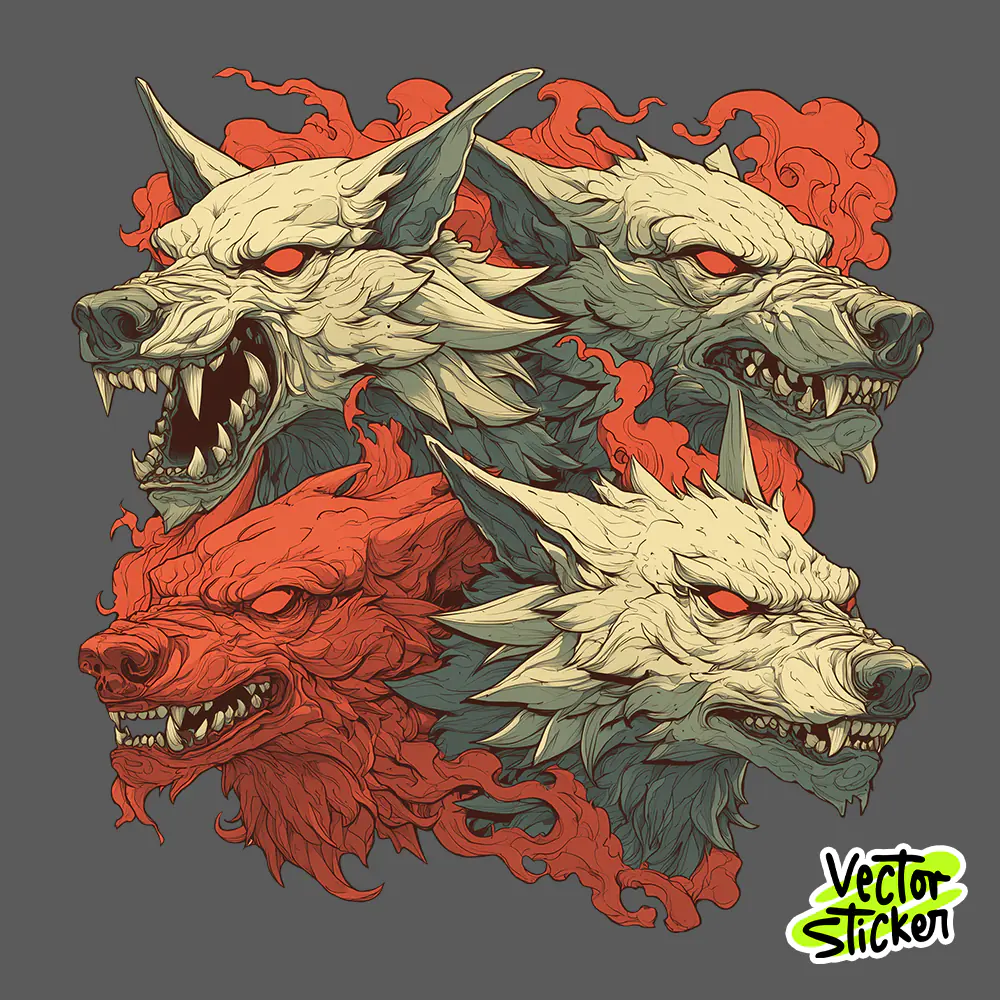 Free Hell Wolf Multi-Head T-Shirt Design | Dark Fantasy Vector Art