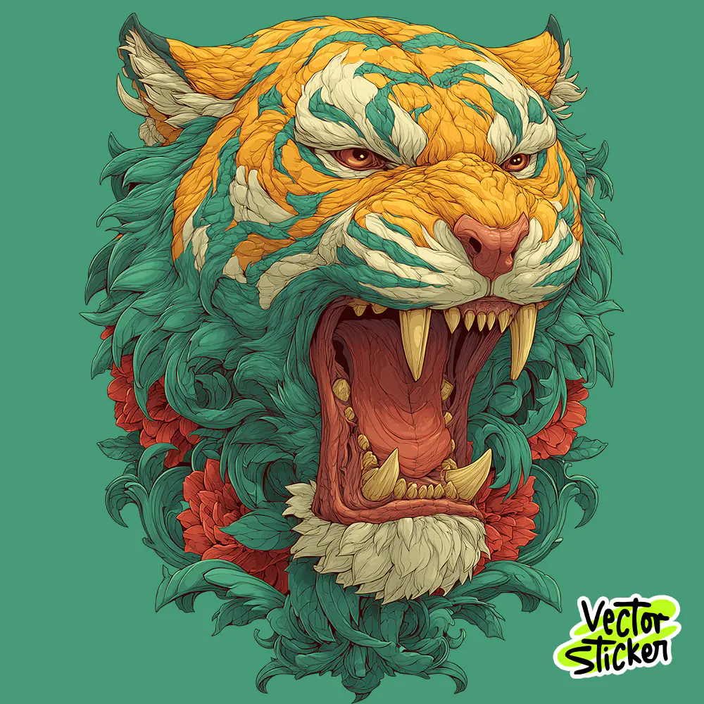 Colorful Roaring Tiger Head Illustration – Vintage Bold Animal Art For T shirt Design