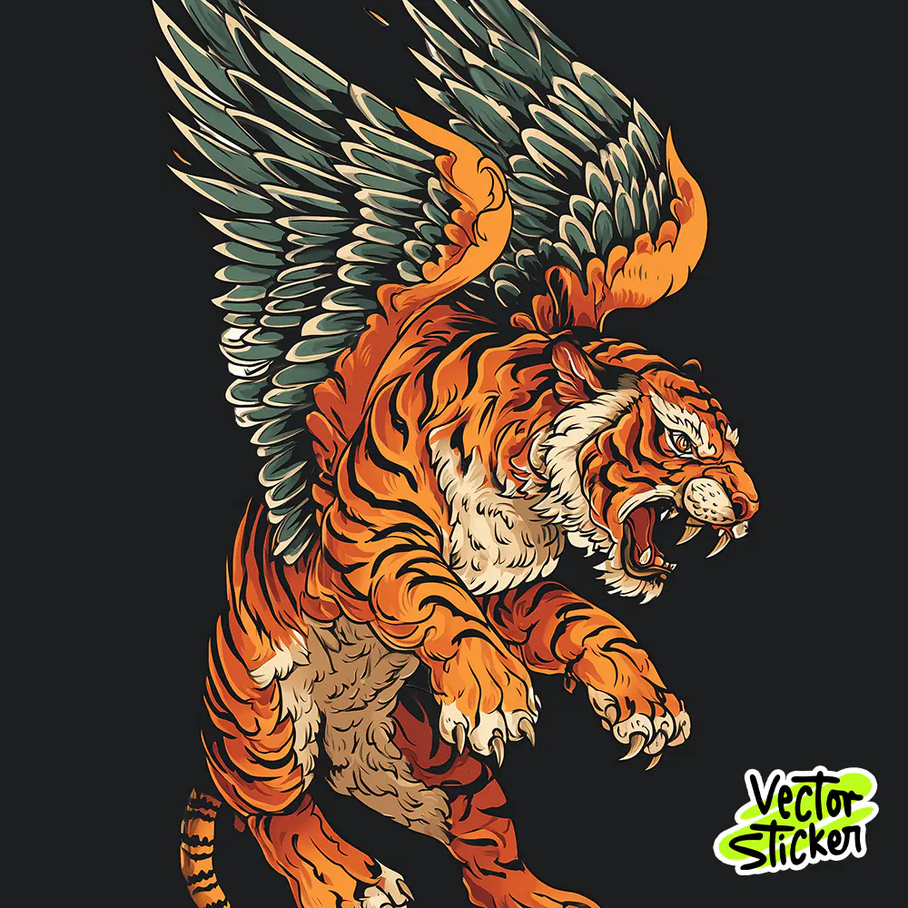 Winged Tiger Fantasy T-Shirt Illustration with Orange and Black Power Style