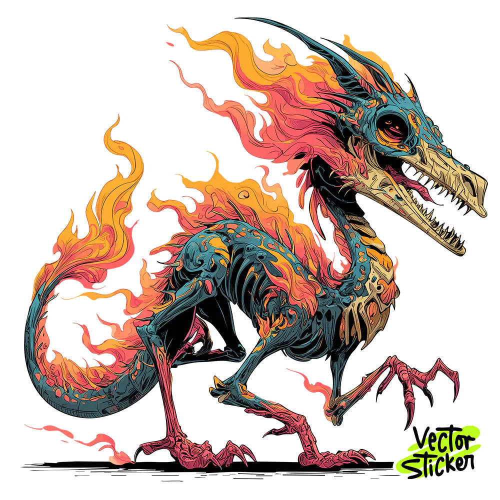 Flaming Skeleton Dragon – Fantasy Fire Beast T-Shirt Design Sticker