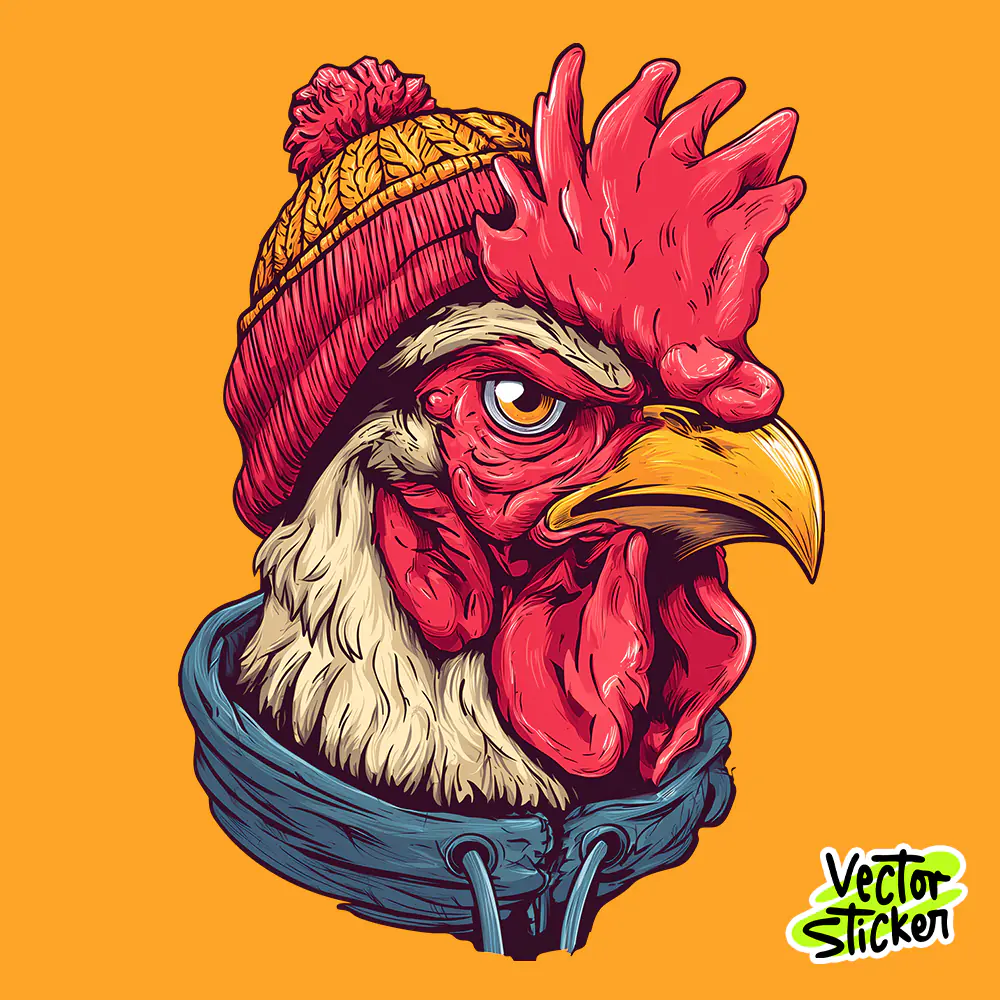 Rooster Wearing Beanie T-Shirt Design with Orange and Red Cartoon Style
