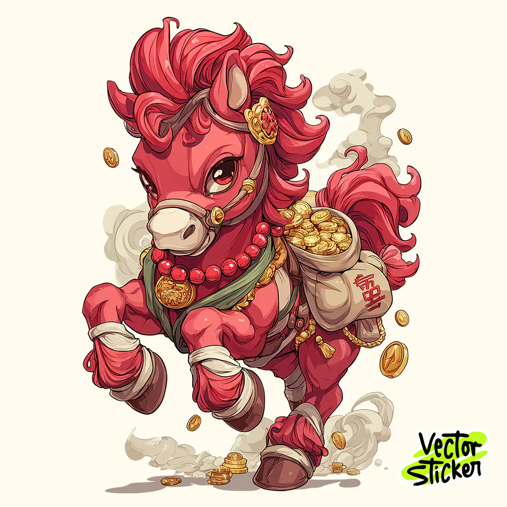 Chinese New Year Lucky Horse with Gold Bags Cartoon Illustration in Red and Gold