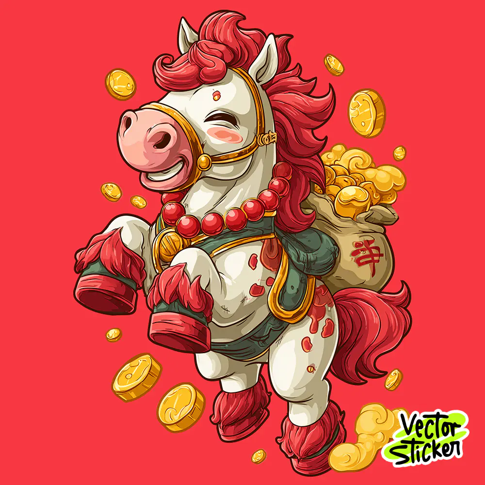 Chinese New Year Happy Horse Cartoon Illustration in White and Red