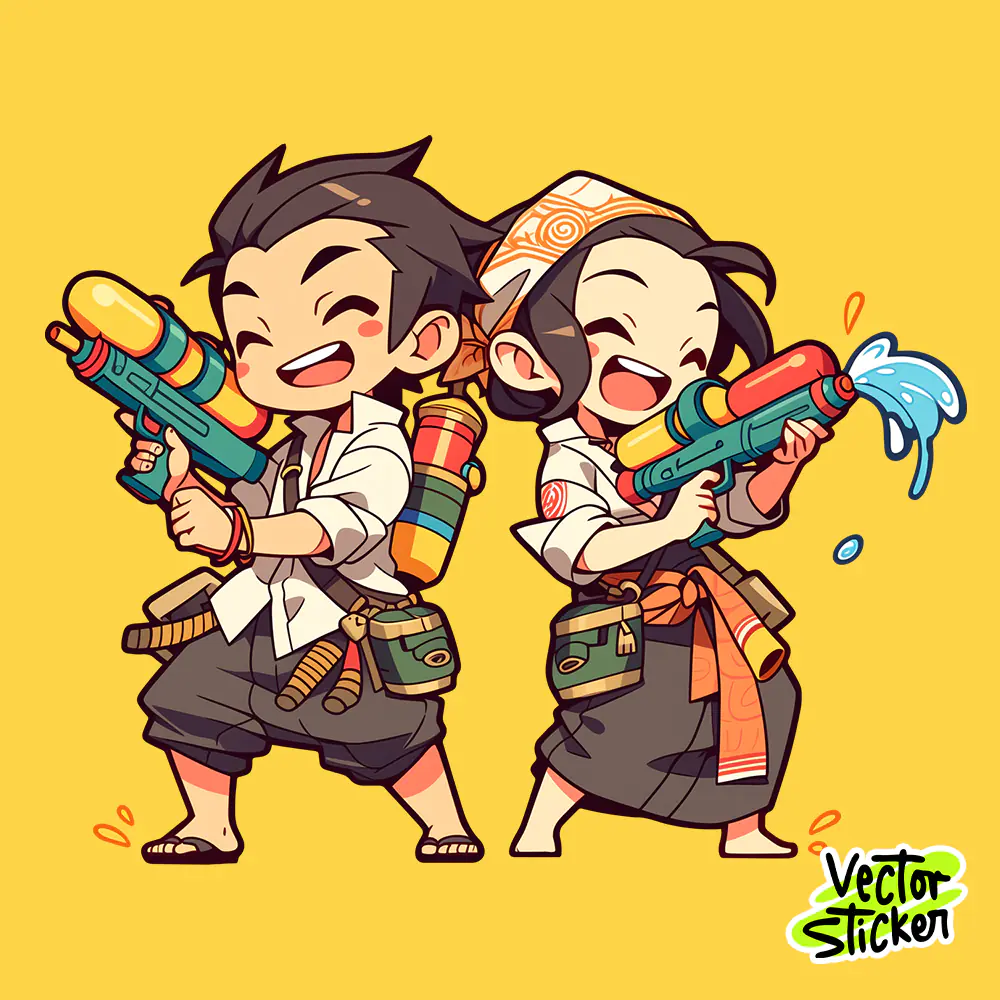 Dynamic Songkran Water Festival Water Splash Action Cartoon Illustration PNG