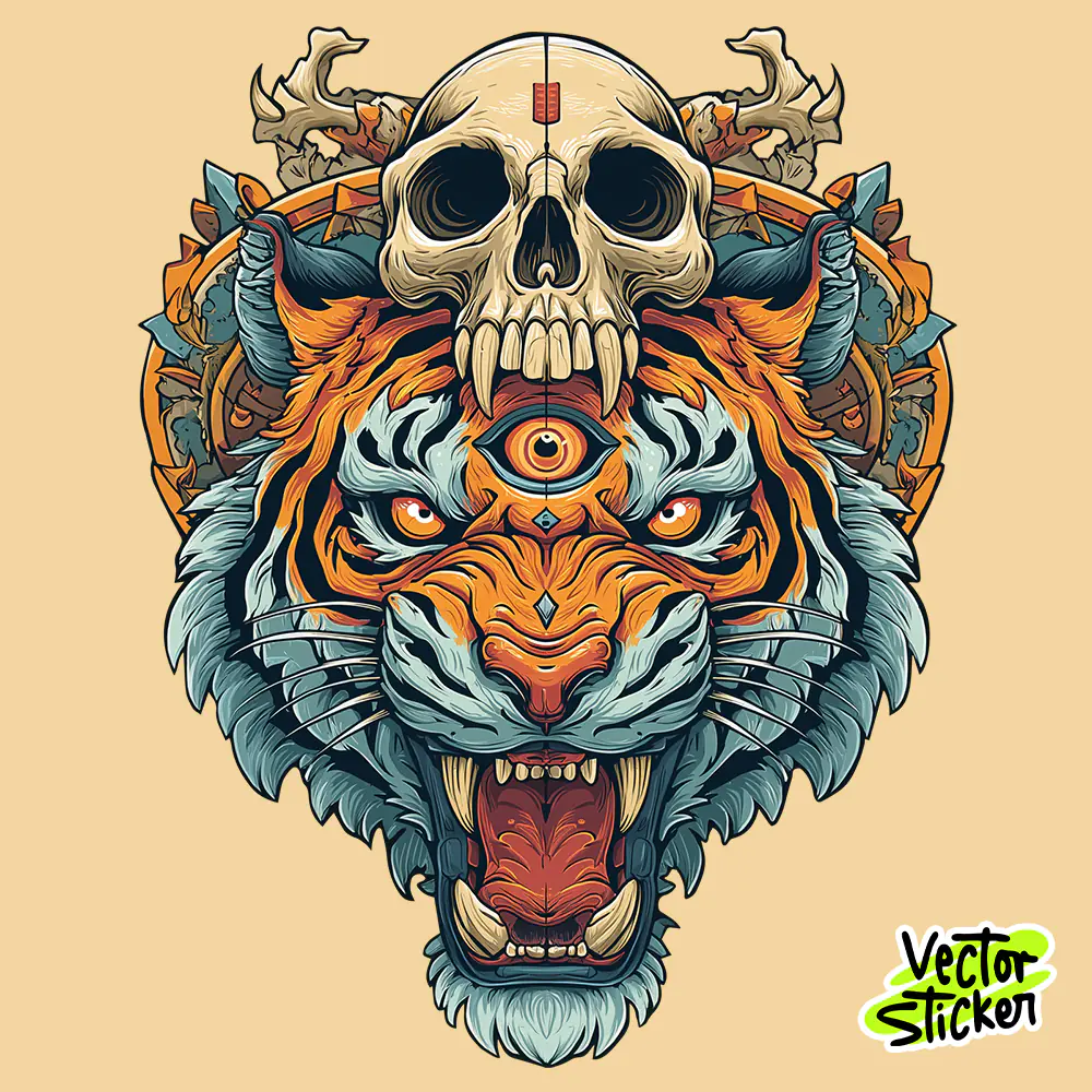 Free T Shirt Designs Tiger with Third Eye Skull Fantasy Illustration PNG