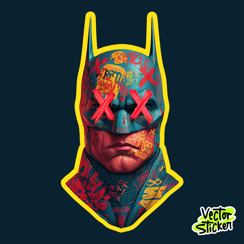 Graffiti-style Batman head with neon X eye a