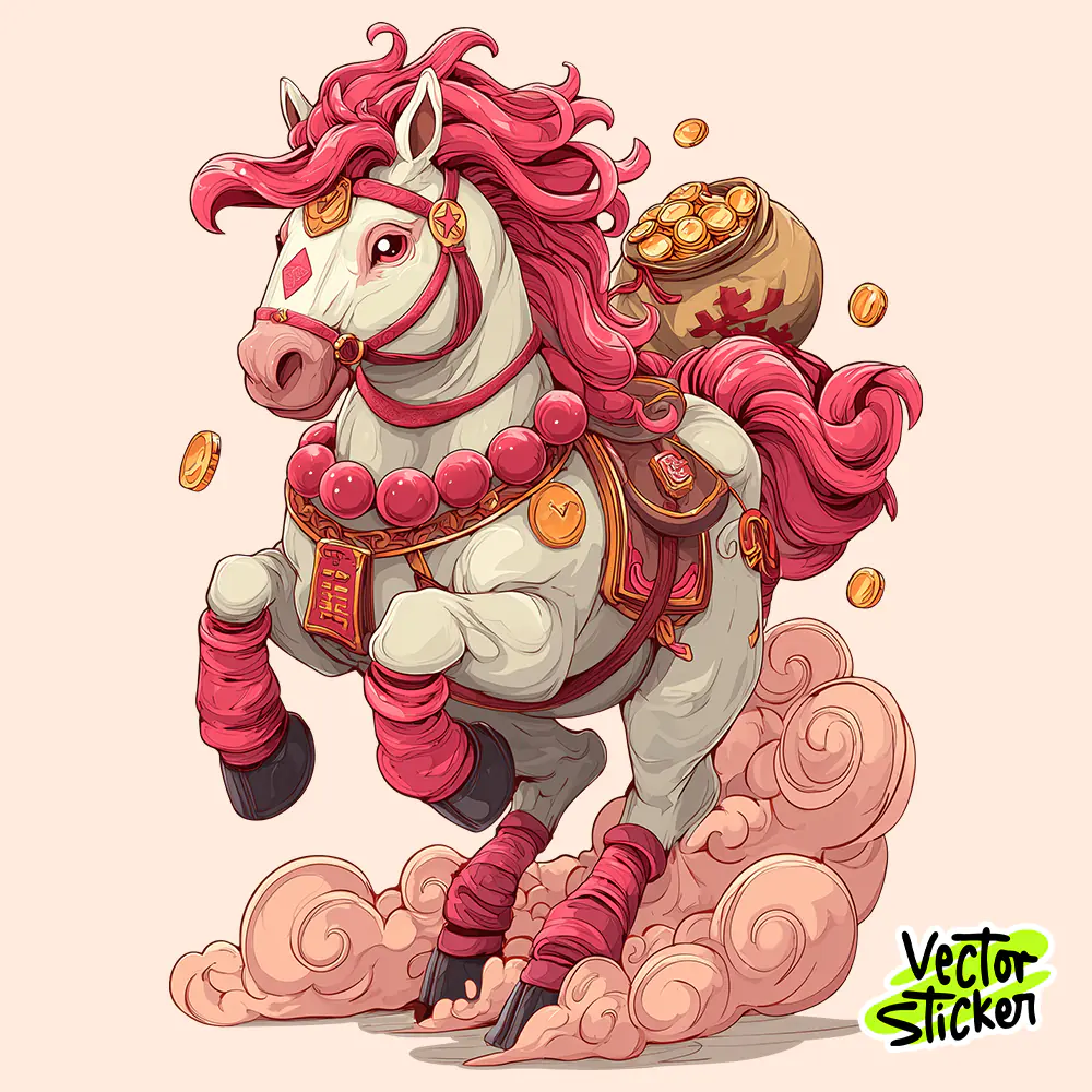 Elegant Chinese New Year Horse with Gold Bag – Pink Red PNG
