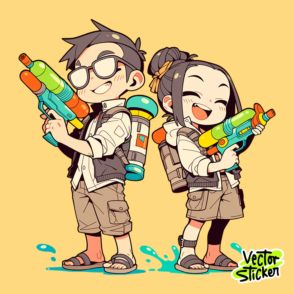 Myanmar Thingyan Water Festival Modern Couple Water Gun Sticker PNG