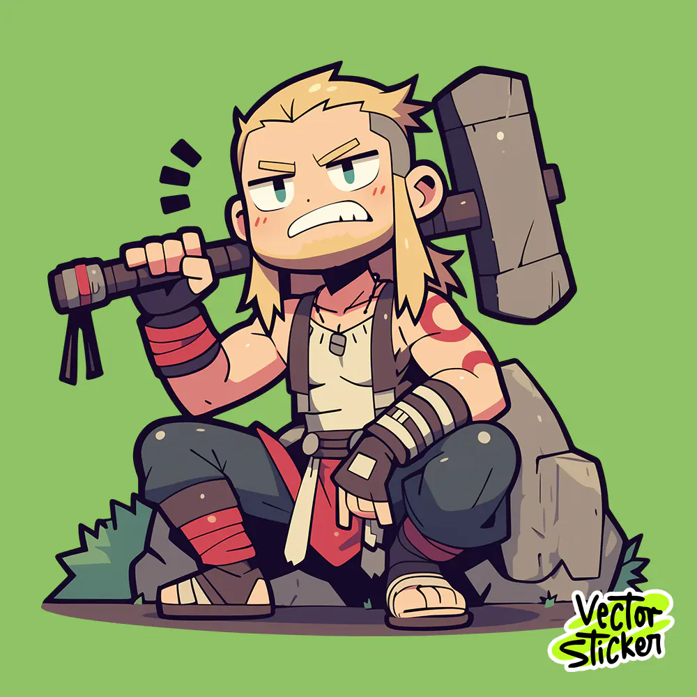 Cute Hammer Warrior Cartoon Character PNG Sticker