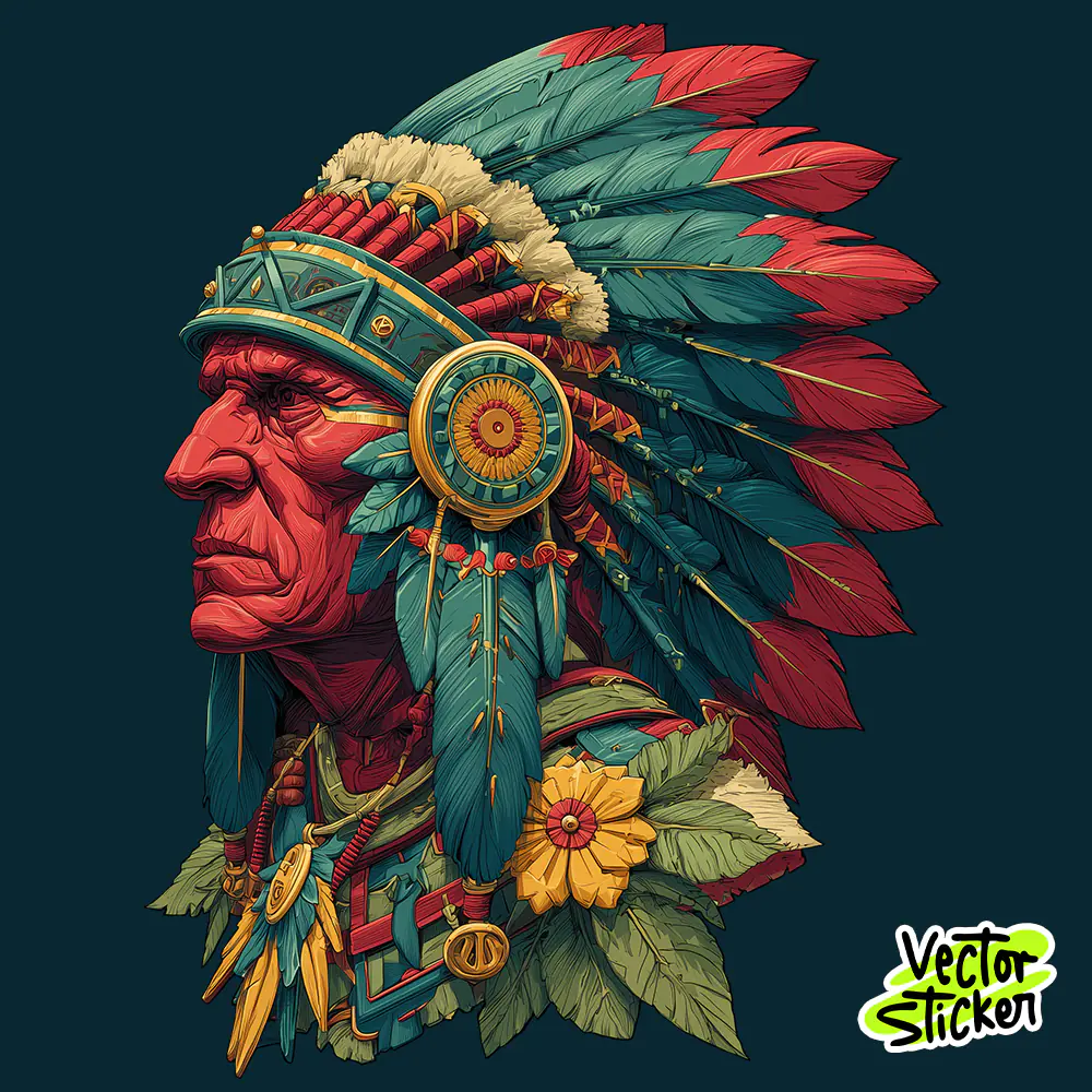 Tribal Headdress Portrait T Shirt Detailed Red Teal Illustration