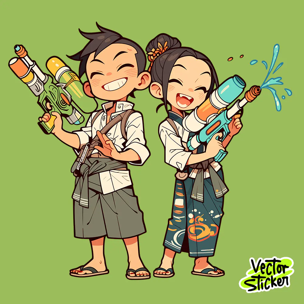 Clean Style Songkran Water Festival Thai Traditional Outfit Couple PNG Illustration