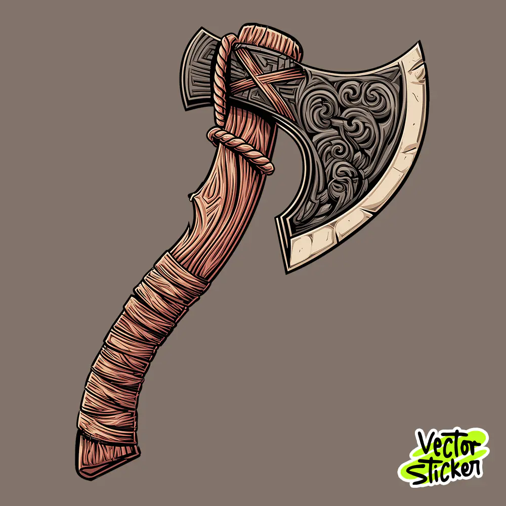 Engraved Viking Axe Wooden Handle Sticker Design PNG