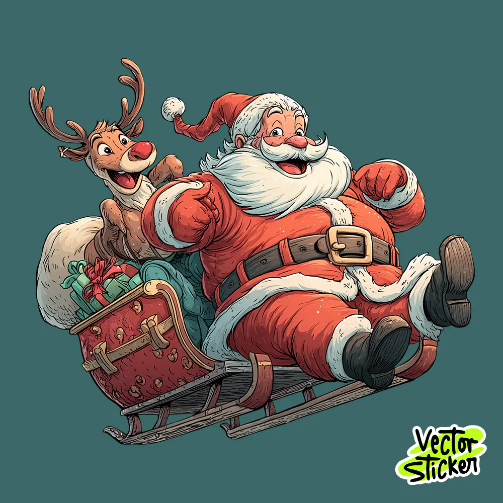 Free Santa Sleigh T-Shirt Design – Christmas Reindeer Illustration PNG