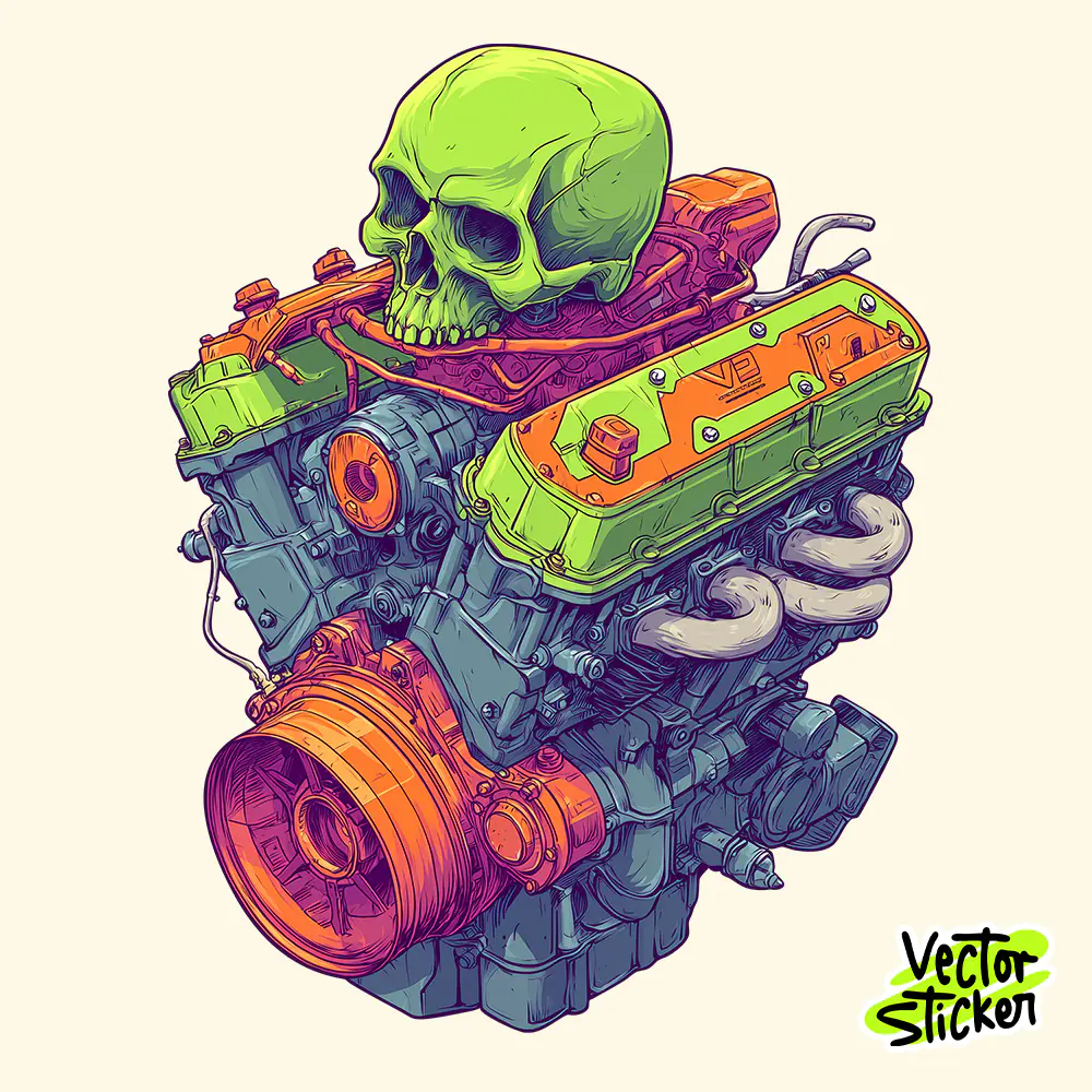 Skull Engine Illustration – Mechanical Skull Motor Sticker