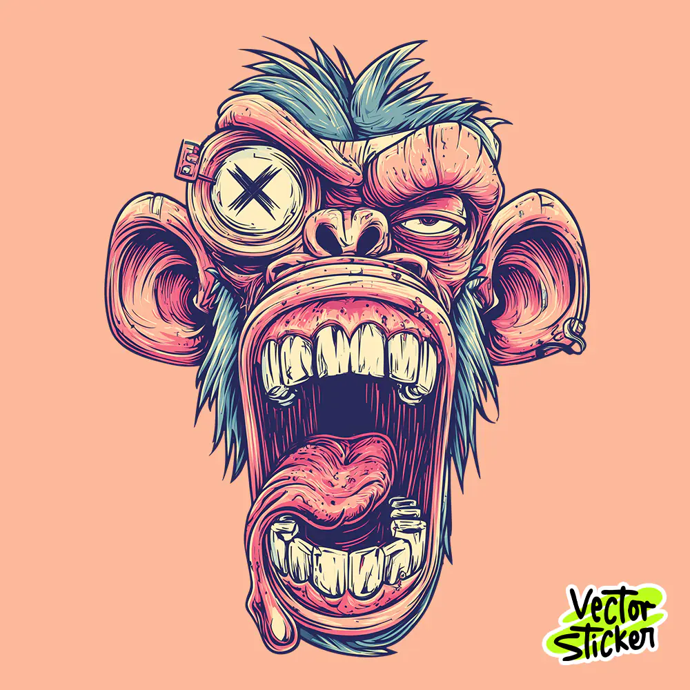 Crazy Monkey Cartoon Vector Sticker PNG