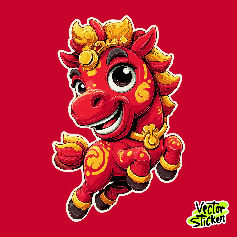 Chinese New Year Horse Mascot Illustration in Red and Gold Cartoon Style