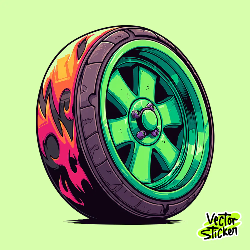 Flaming Wheel Sticker Cartoon Neon Racing Illustration
