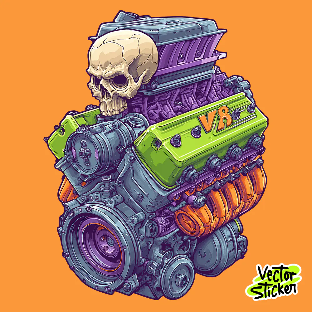 Skull V8 Engine Mechanical Illustration Cartoon Sticker PNG