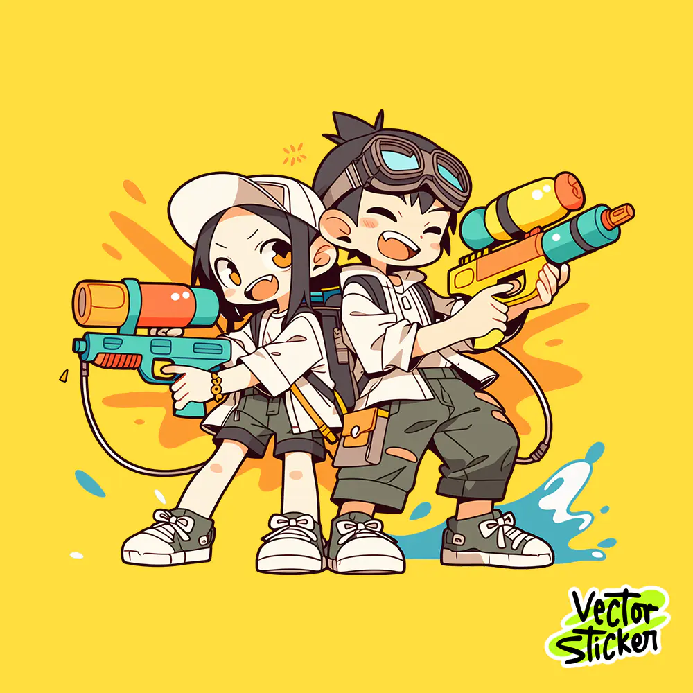 Songkran Action Water Fight Duo PNG Cute Thailand Festival Sticker Design