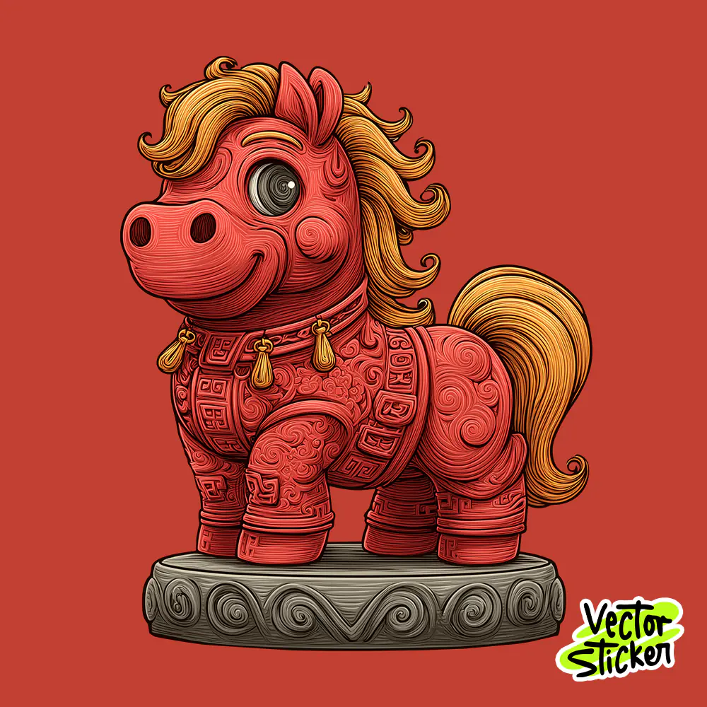 Chinese Red Horse Fortune Statue Illustration in Gold and Red Style