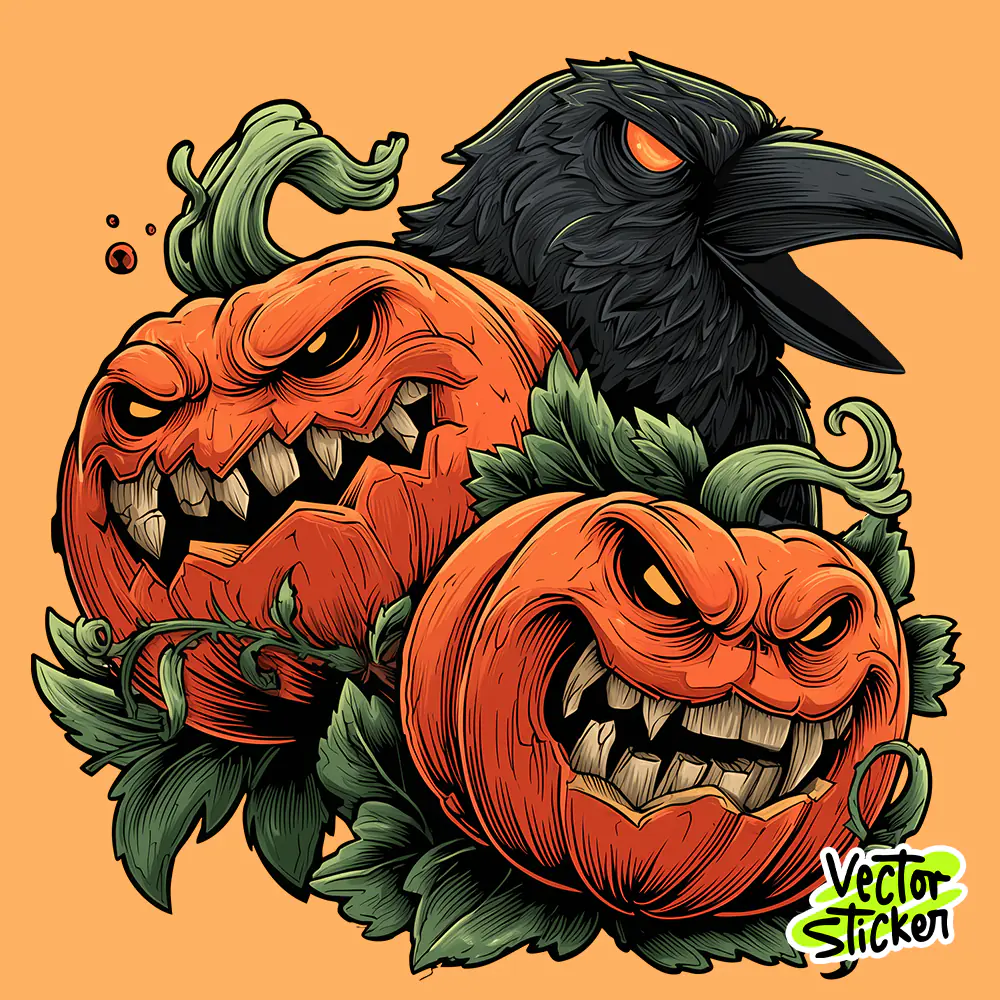 Dark Crow and Evil Pumpkins Vector – Halloween Sticker Design