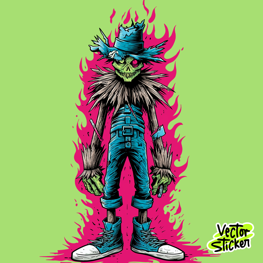 Halloween Creepy Scarecrow on Fire – Horror Cartoon Sticker
