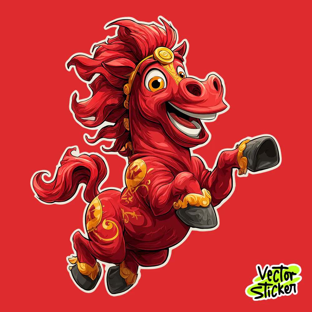 Chinese Happy Horse Lucky Sticker Illustration with Red and Gold Details
