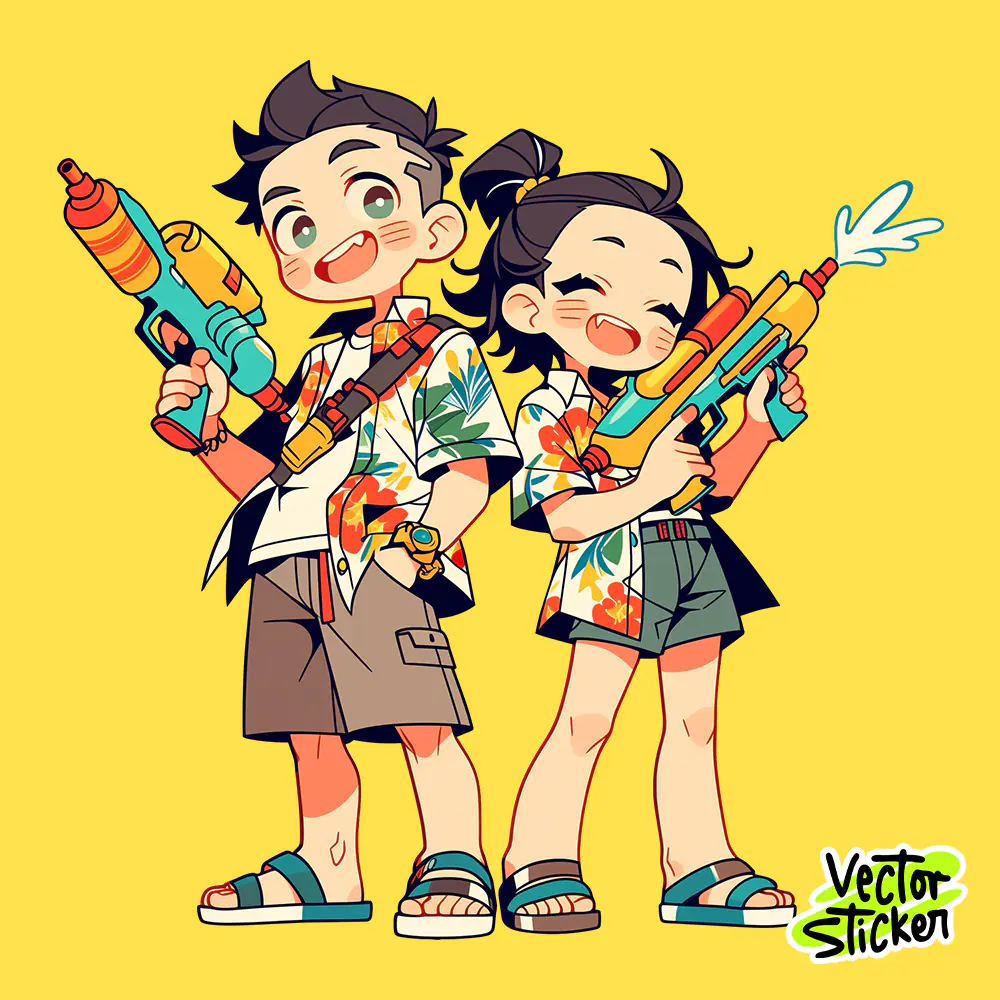 Songkran Kids Water Fight Festival PNG Cute Thailand Water Festival Sticker Design