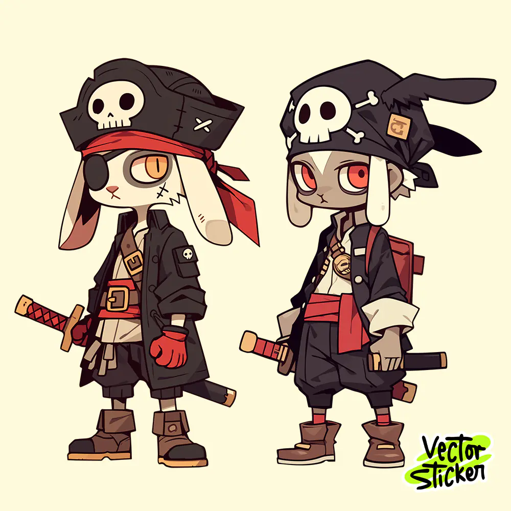 Pirate Bunny Duo Sticker Pack Cute Cartoon Characters