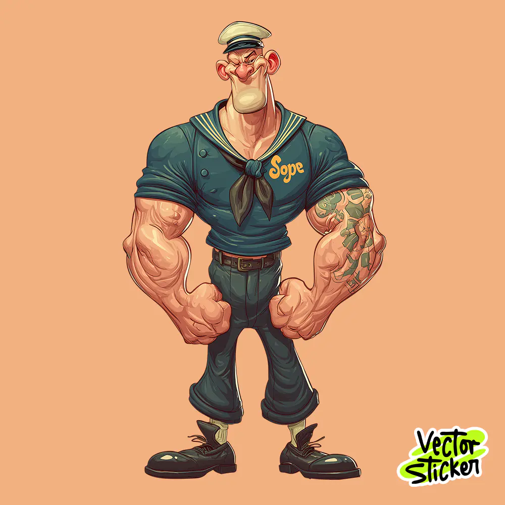 Muscular Sailor Cartoon Sticker – Vintage Navy Character Illustration