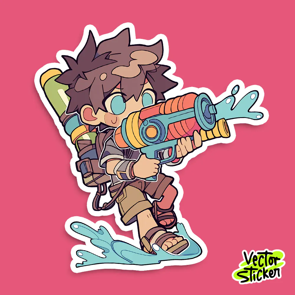 Myanmar Thingyan Water Festival Chibi Boy Water Gun Sticker PNG