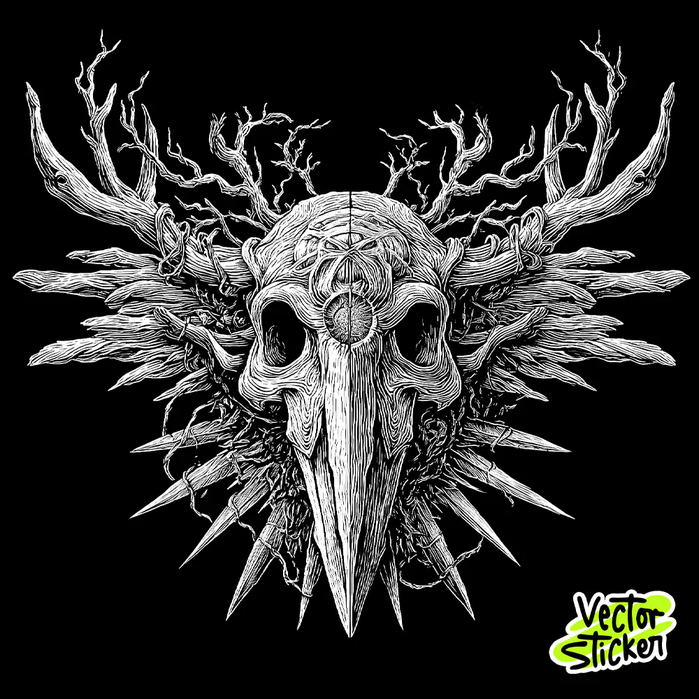 Dark Bird Skull Illustration — Gothic Antler Crest T-Shirt Design