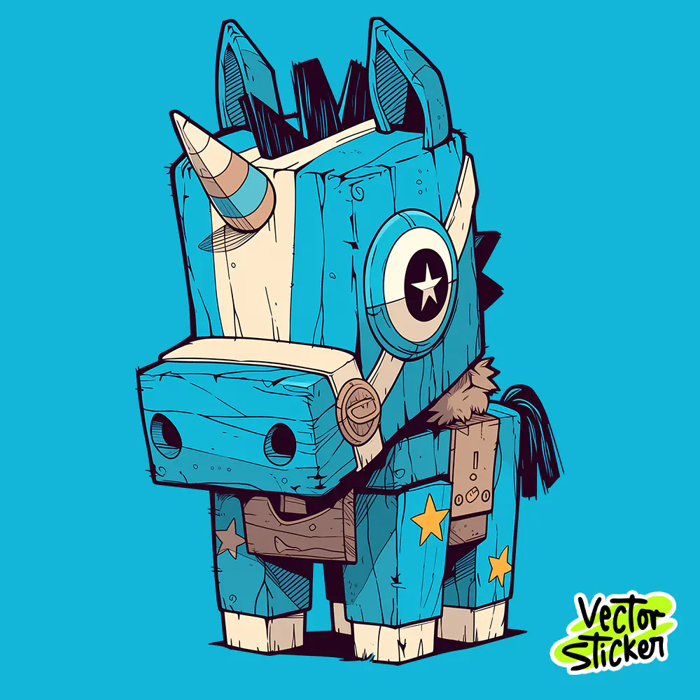 Blue Wooden Unicorn Toy Cartoon Sticker Design PNG