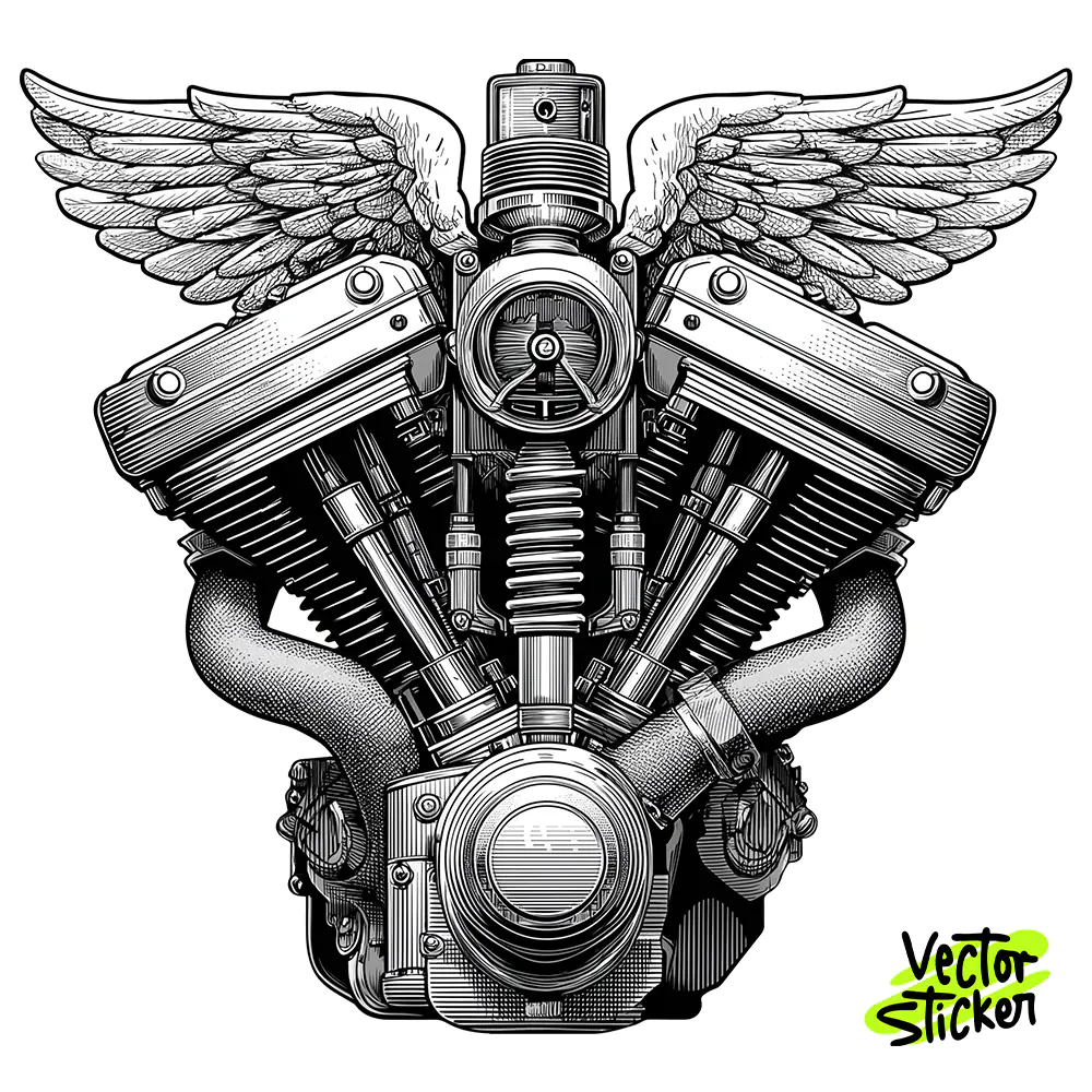 Winged Motorcycle Engine Line Art T-Shirt Design Free PNG
