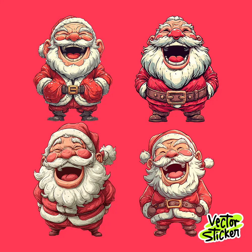 Laughing Santa Faces Sticker Set | Funny Santa Vector Pack PNG for Holiday Merch