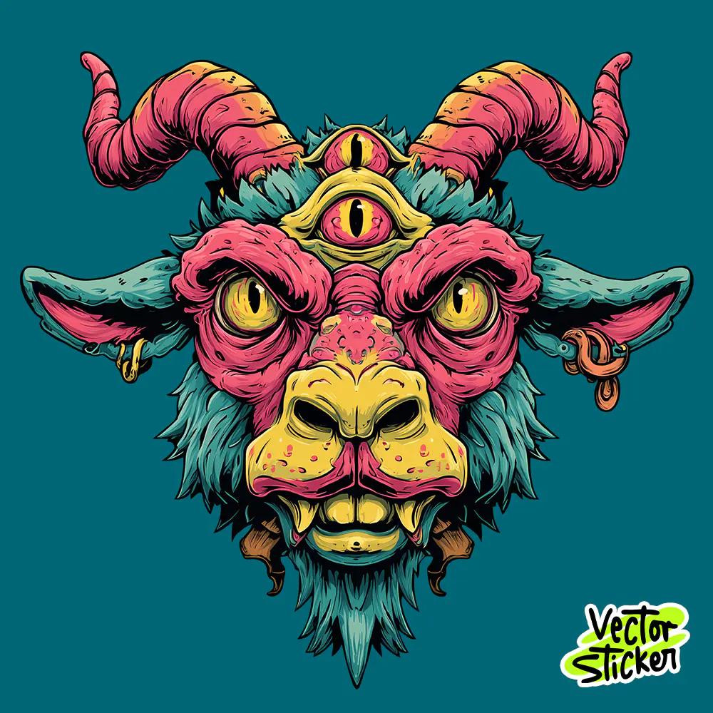 Free T Shirt Design Mythical Goat Demon Cartoon Pink Teal
