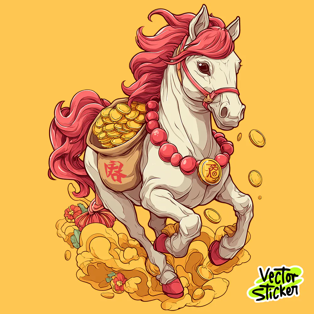 Running Chinese New Year Lucky Horse Cartoon Illustration with Gold Coins